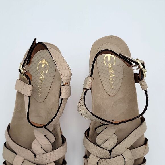 Earthies 8B Wedge Heel Sandals Corsica Tan Biscuit Leather Cork 3in Casual Beach - Picture 5 of 15